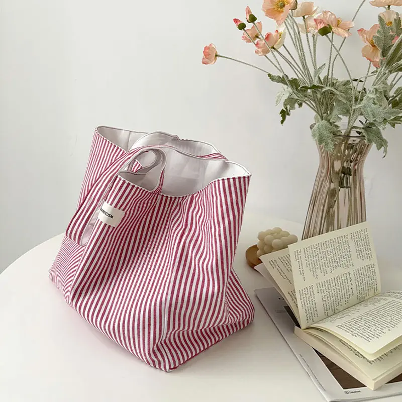 Reversible Design Women Canvas Shoulder Bag Cotton Cloth Purse Handbag Cherry Red Stripes Large Tote Female Eco Shopping Bags