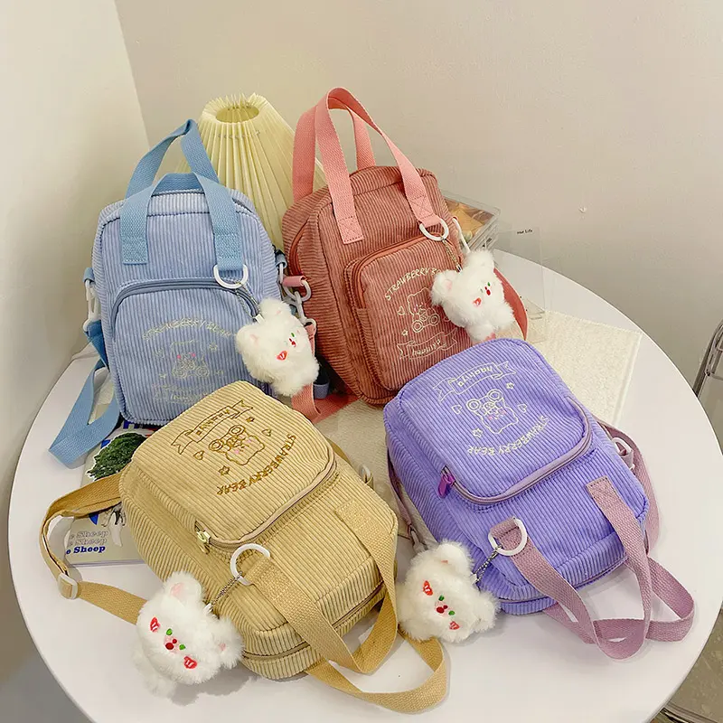 Women Corduroy Crossbody Bags Cute Bear Transparent Design Canvas Zipper Shoulder & Messenger Bag Phone Money Handbags For Girls