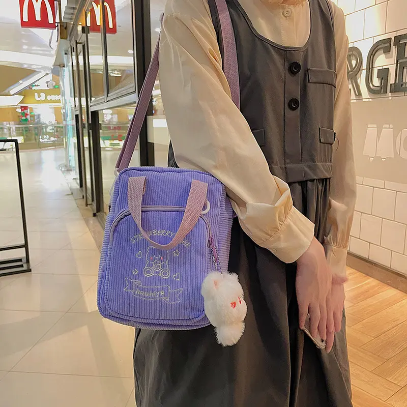 Women Corduroy Crossbody Bags Cute Bear Transparent Design Canvas Zipper Shoulder & Messenger Bag Phone Money Handbags For Girls