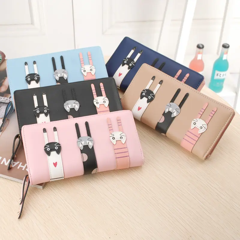 Funny Kitten Design Women Long Wallet PU Leather Cute Cartoon Cats Girls Zipper Purse Ladies ID Bank Card Holder Clutch Bag