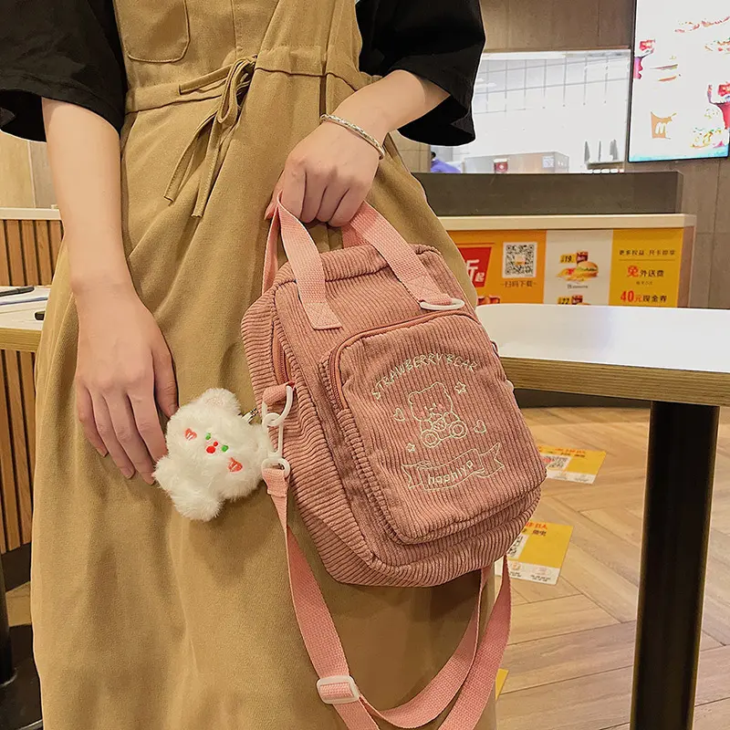 Women Corduroy Crossbody Bags Cute Bear Transparent Design Canvas Zipper Shoulder & Messenger Bag Phone Money Handbags For Girls
