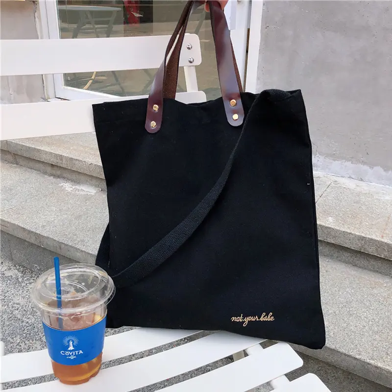 Women Canvas Shoulder Bag Brown Leather Strap Totes Handbag Simple Embroidery Letter Cotton Purse Crossbody Bags Interior Pocket