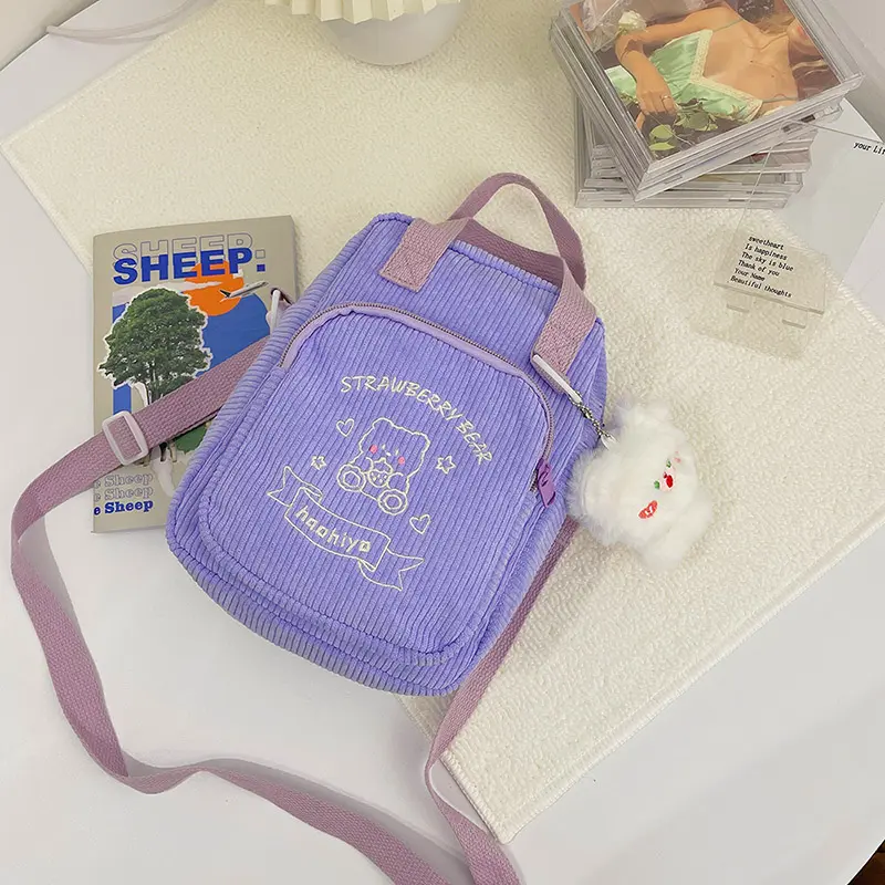 Women Corduroy Crossbody Bags Cute Bear Transparent Design Canvas Zipper Shoulder & Messenger Bag Phone Money Handbags For Girls