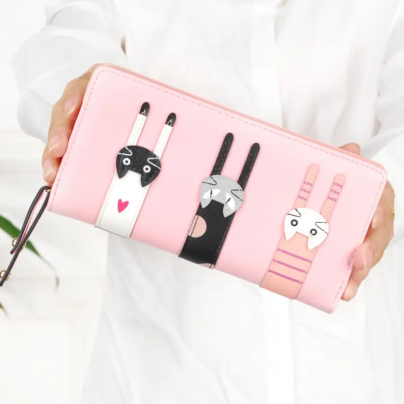 Funny Kitten Design Women Long Wallet PU Leather Cute Cartoon Cats Girls Zipper Purse Ladies ID Bank Card Holder Clutch Bag