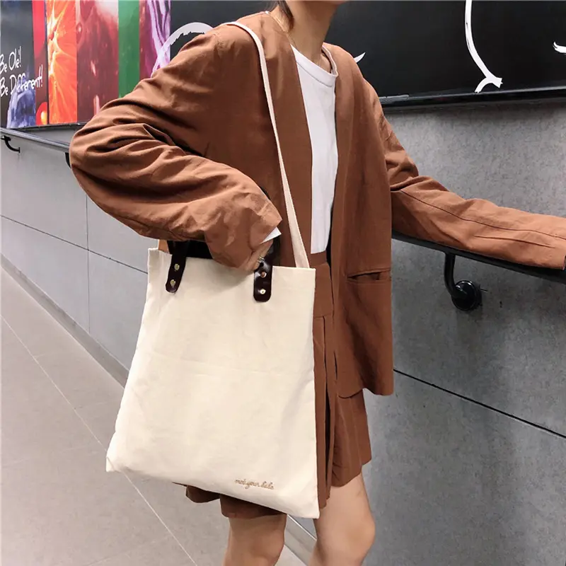 Women Canvas Shoulder Bag Brown Leather Strap Totes Handbag Simple Embroidery Letter Cotton Purse Crossbody Bags Interior Pocket