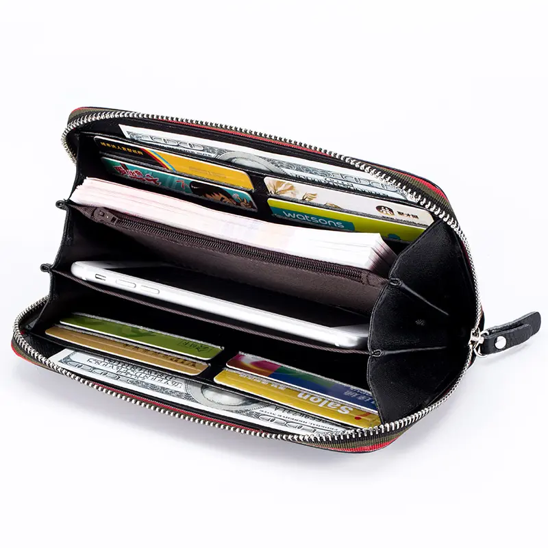 Genuine Leather Men Women Long Wallet Unisex Zipper Coin Purse Simple Design ID Credit Card Holder Phone Money Bag Solid Clutch
