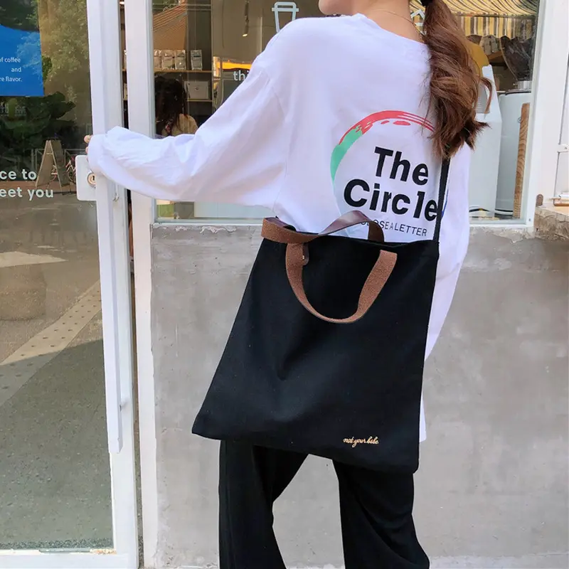 Women Canvas Shoulder Bag Brown Leather Strap Totes Handbag Simple Embroidery Letter Cotton Purse Crossbody Bags Interior Pocket