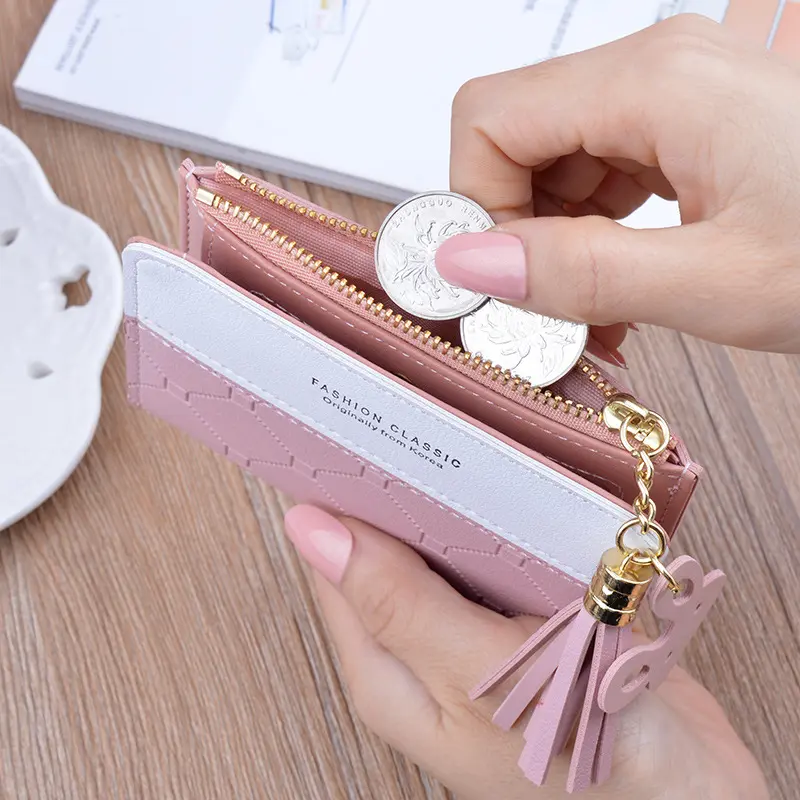 Women Short Wallet Patchwork Small Zipper Purse Checked Embossed Tassel Wallets Cute Simple Card Holder Pink Mini Money Bag