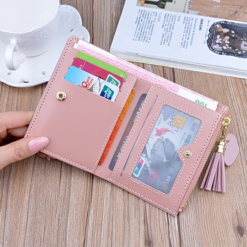 Women Short Wallet Patchwork Small Zipper Purse Checked Embossed Tassel Wallets Cute Simple Card Holder Pink Mini Money Bag