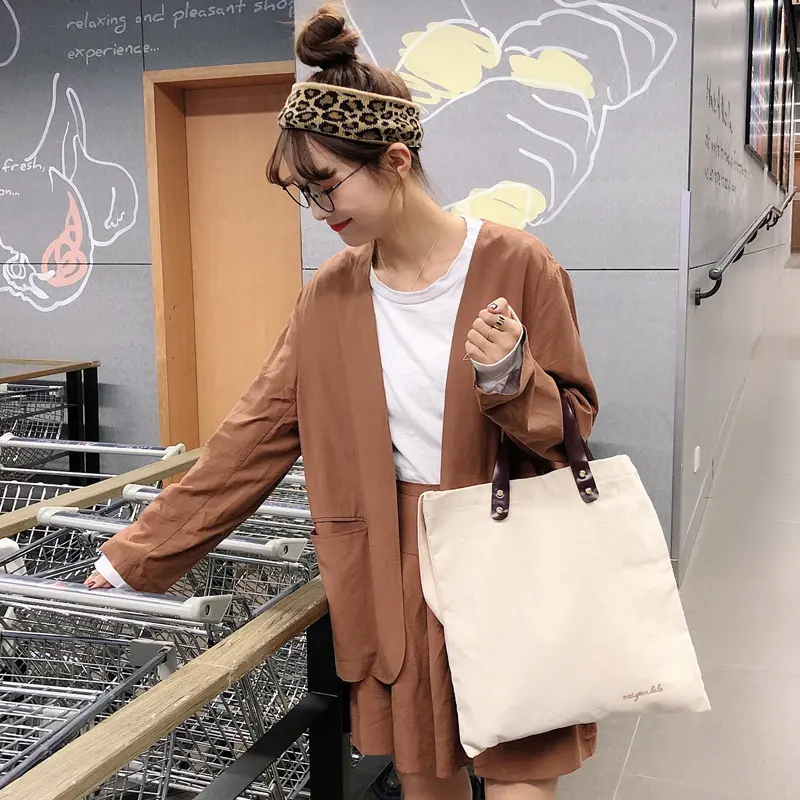 Women Canvas Shoulder Bag Brown Leather Strap Totes Handbag Simple Embroidery Letter Cotton Purse Crossbody Bags Interior Pocket