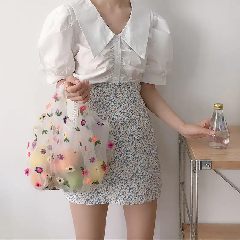 Organza Yarn Women Small Transparent Tote Mesh Cloth Bag Flowers Embroidery Handbag Liberty Ladies Eco Fruit Bag Girl Cute Purse