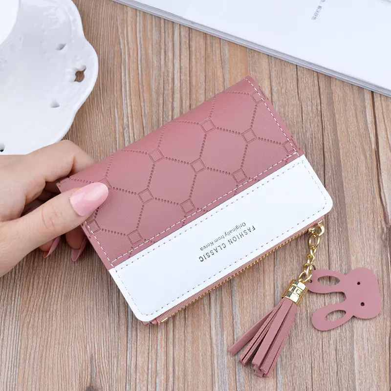 Women Short Wallet Patchwork Small Zipper Purse Checked Embossed Tassel Wallets Cute Simple Card Holder Pink Mini Money Bag