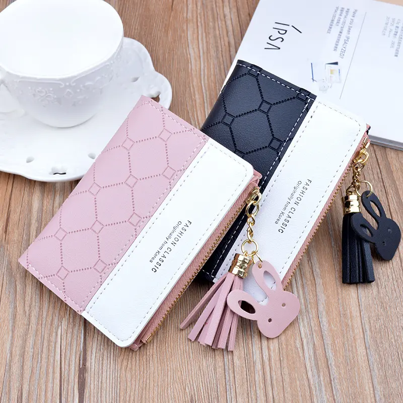 Women Short Wallet Patchwork Small Zipper Purse Checked Embossed Tassel Wallets Cute Simple Card Holder Pink Mini Money Bag