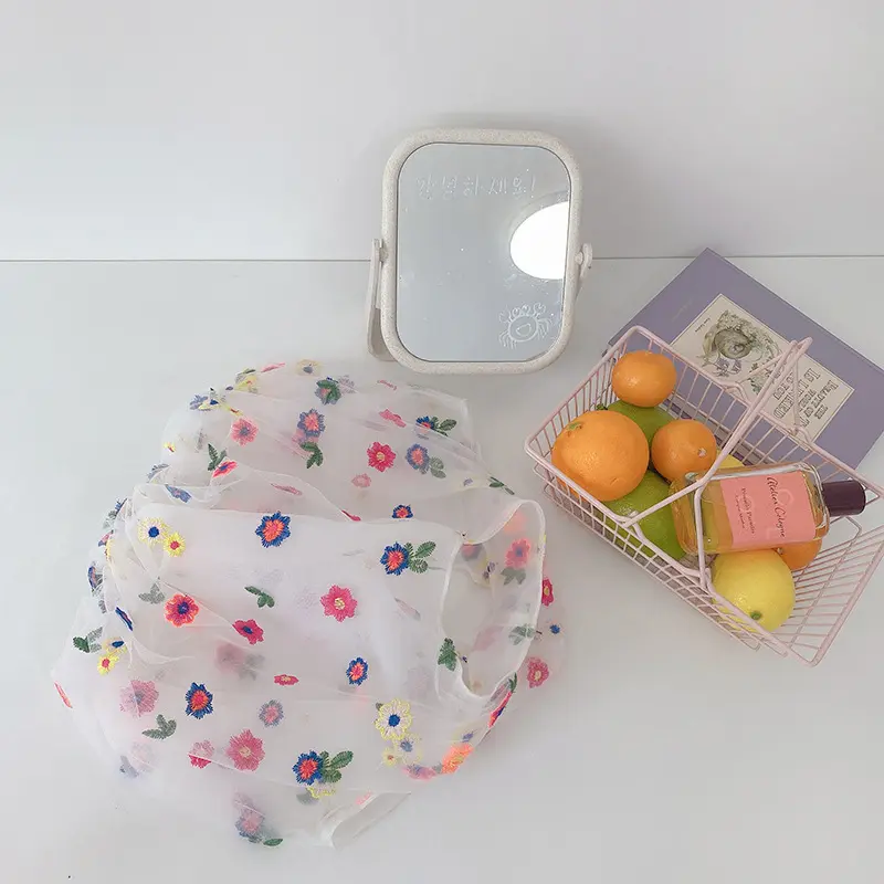 Organza Yarn Women Small Transparent Tote Mesh Cloth Bag Flowers Embroidery Handbag Liberty Ladies Eco Fruit Bag Girl Cute Purse