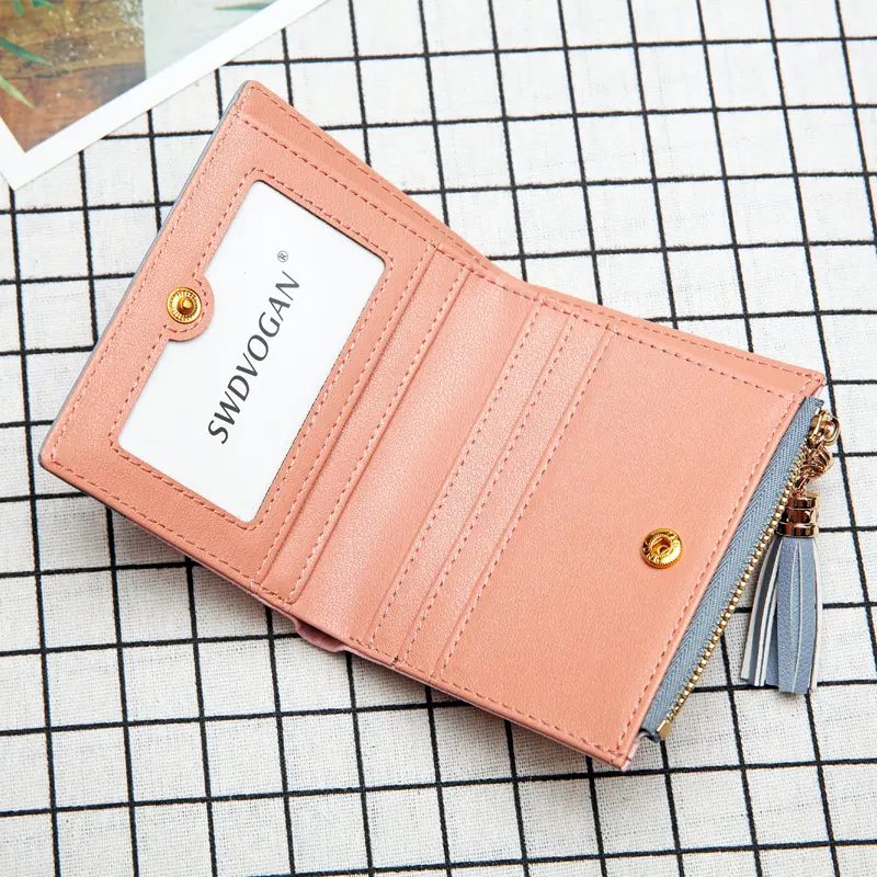 Women Short Wallets Ladies Fashion Small Purse Cute Tassel Mini Wallet Pink PU Female Credit Card Holder Hasp Zipper Coin Purse