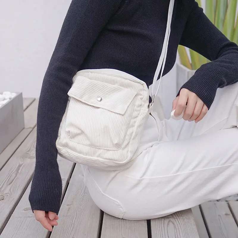Women Corduroy Flap Shoulder Bag Canvas Lining Cute Small Crossbody Messenger Bags Stripes Cloth Zipper Purse Handbag For Girls