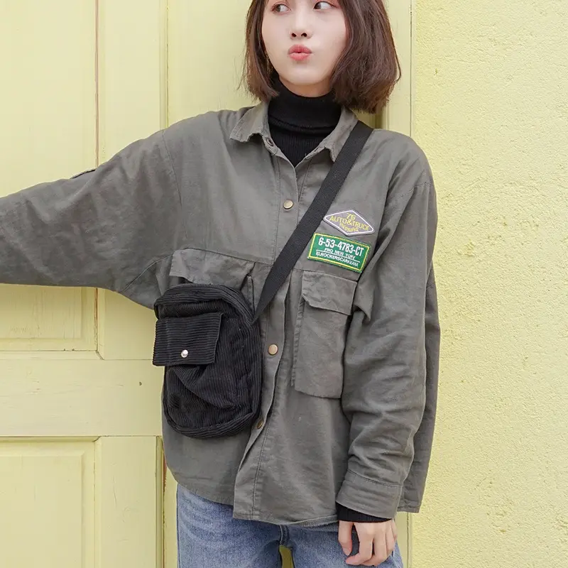 Women Corduroy Flap Shoulder Bag Canvas Lining Cute Small Crossbody Messenger Bags Stripes Cloth Zipper Purse Handbag For Girls