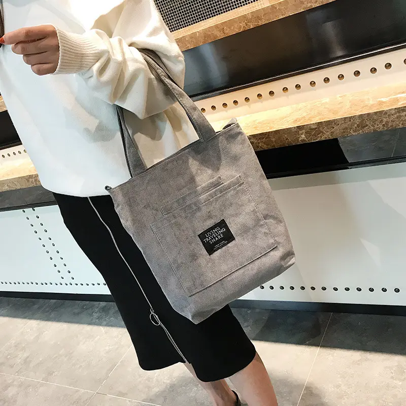Women Corduroy Shoulder Bags Striped Cloth Fabric Zipper Handbag Casual Tote Canvas Crossbody Bag Cute Shopping Bag Ladies Purse