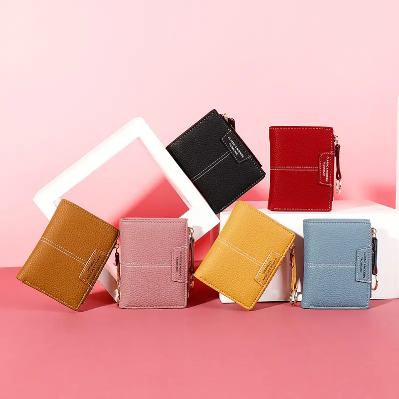 Women Soft Short Wallet Quality PU Leather Female Small Slim Coin Purse Card Holder Keychain Zipper Design Mini Square Money Bag