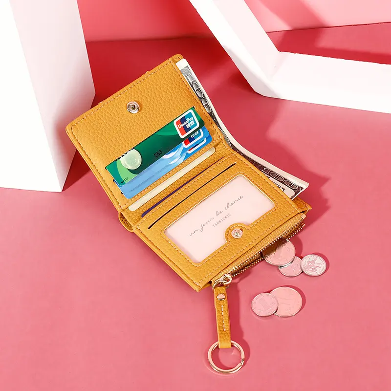 Women Soft Short Wallet Quality PU Leather Female Small Slim Coin Purse Card Holder Keychain Zipper Design Mini Square Money Bag