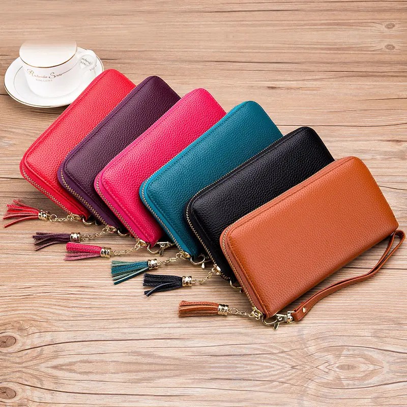 Genuine Leather Women Solid Long Wallets Ladies Tassel Design Clutch Female Phone Money Bag Coin Zipper Purse Rfid Card Holder