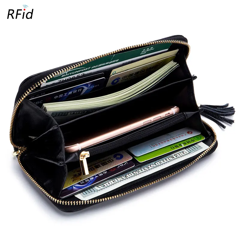 Genuine Leather Women Solid Long Wallets Ladies Tassel Design Clutch Female Phone Money Bag Coin Zipper Purse Rfid Card Holder