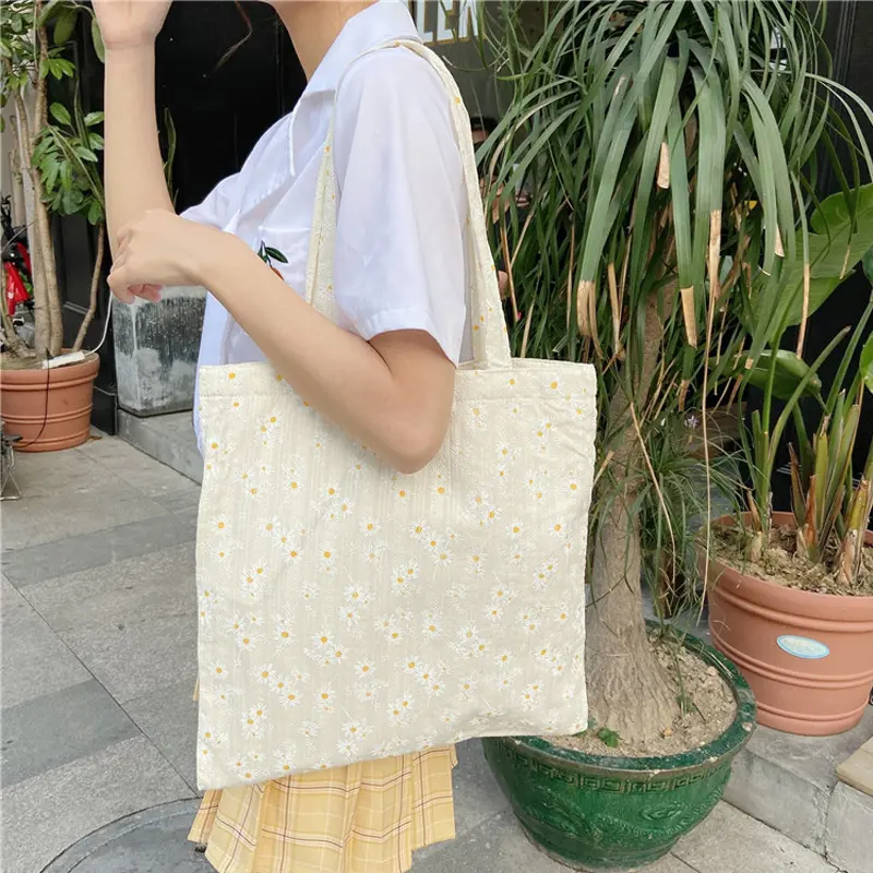 Daisy Print Women Canvas Shoulder Bag 3D Flower Coth Handbag Casual Tote Student Literary Books Purse Girls Eco Shopping Bags