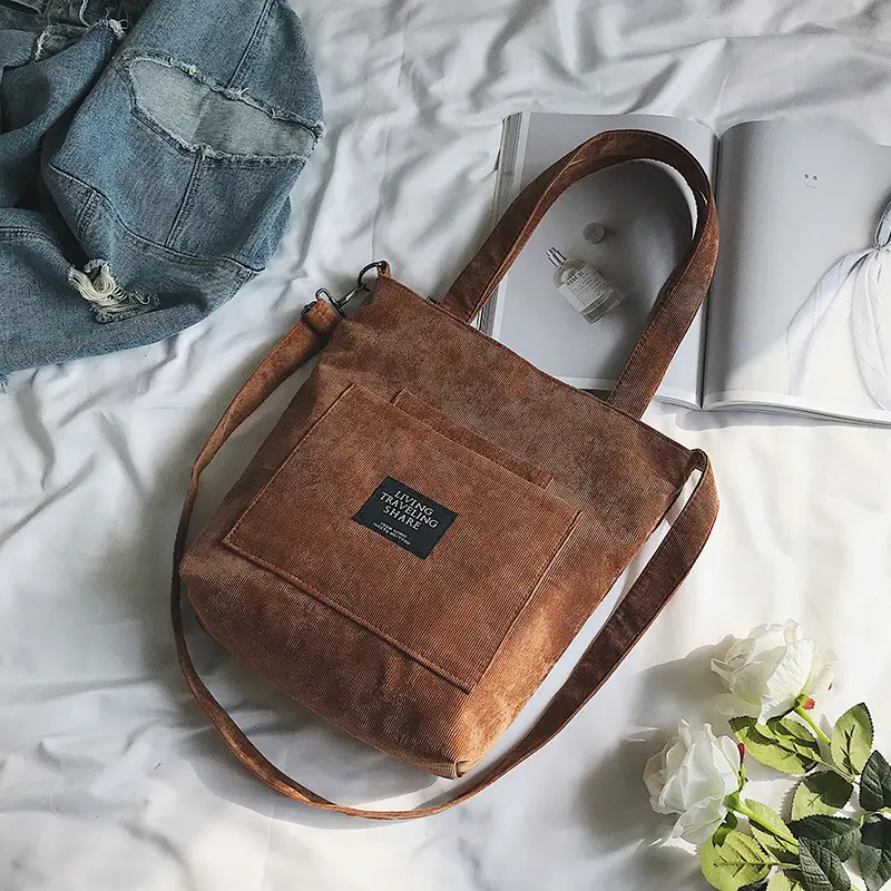 Women Corduroy Shoulder Bags Striped Cloth Fabric Zipper Handbag Casual Tote Canvas Crossbody Bag Cute Shopping Bag Ladies Purse