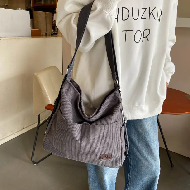 Women Corduroy Shoulder Bag Cute Handbag Big Tote Large Capacity Female Soft Thick Stripe Cloth Purse College Girl Backpacks