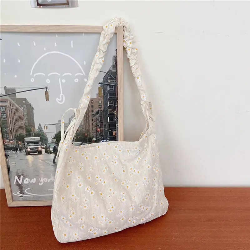 Daisy Print Women Canvas Shoulder Bag 3D Flower Coth Handbag Casual Tote Student Literary Books Purse Girls Eco Shopping Bags