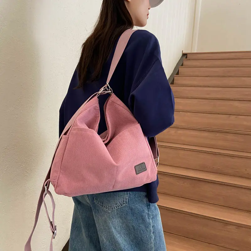 Women Corduroy Shoulder Bag Cute Handbag Big Tote Large Capacity Female Soft Thick Stripe Cloth Purse College Girl Backpacks