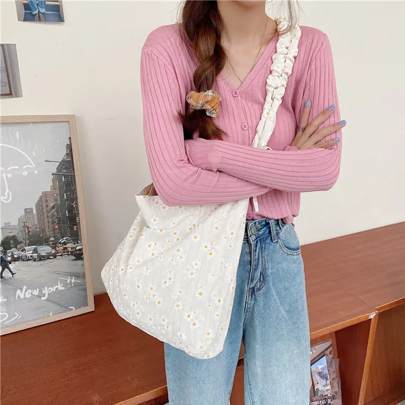 Daisy Print Women Canvas Shoulder Bag 3D Flower Coth Handbag Casual Tote Student Literary Books Purse Girls Eco Shopping Bags