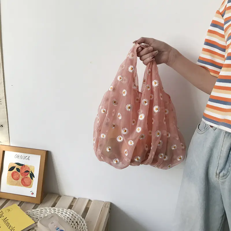 Women Small Transparent Tote Mesh Cloth Bags Daisy Embroidery Handbag Quality Eco Fruit Bag Little Decoration Purse For Girl