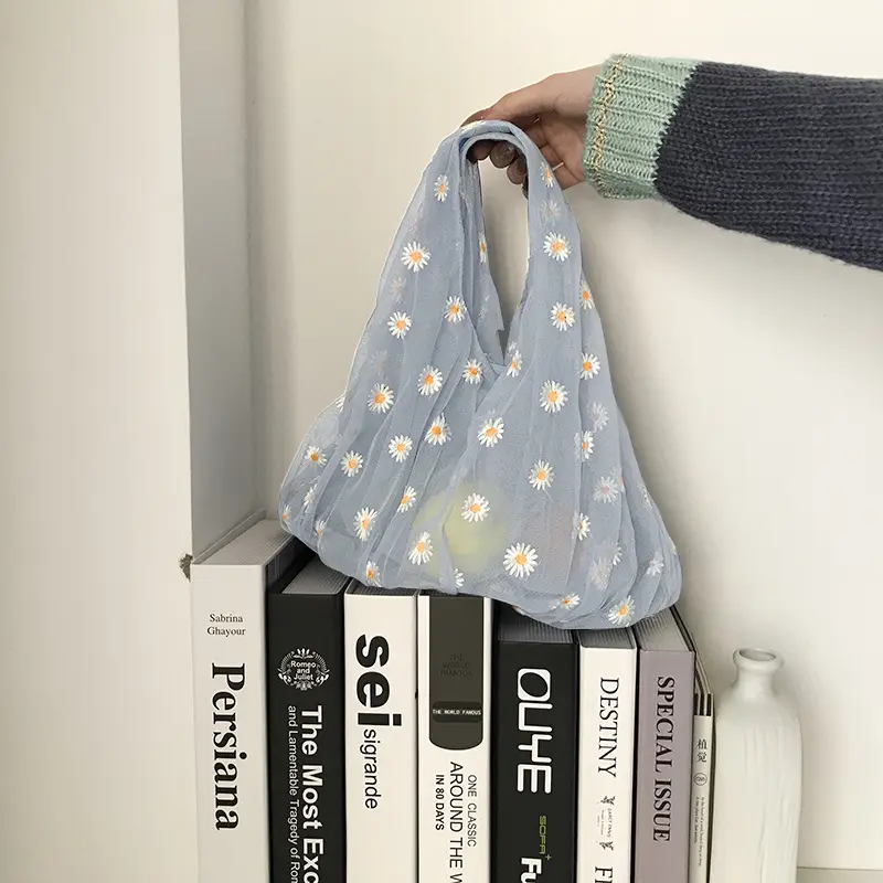 Women Small Transparent Tote Mesh Cloth Bags Daisy Embroidery Handbag Quality Eco Fruit Bag Little Decoration Purse For Girl