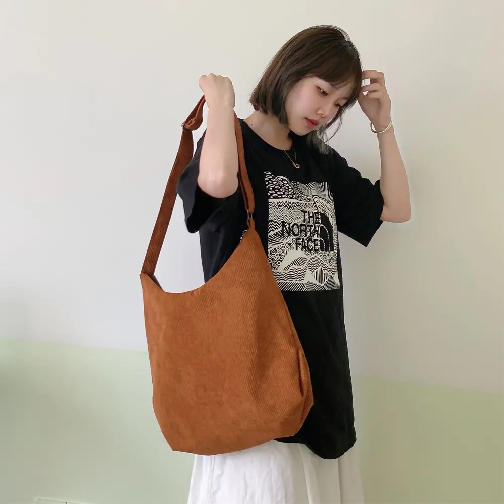 Women Striped Corduroy Bags Simple Canvas Zipper Crossbody & Shoulder Bag Eco Cloth Purse Solid Books Handbags For College Girls
