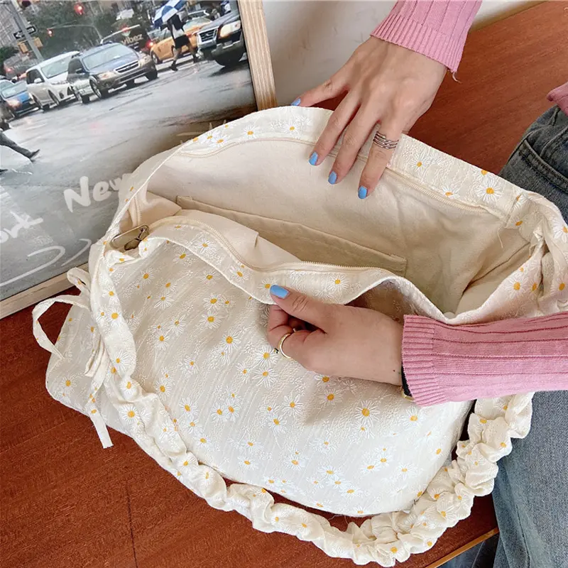 Daisy Print Women Canvas Shoulder Bag 3D Flower Coth Handbag Casual Tote Student Literary Books Purse Girls Eco Shopping Bags