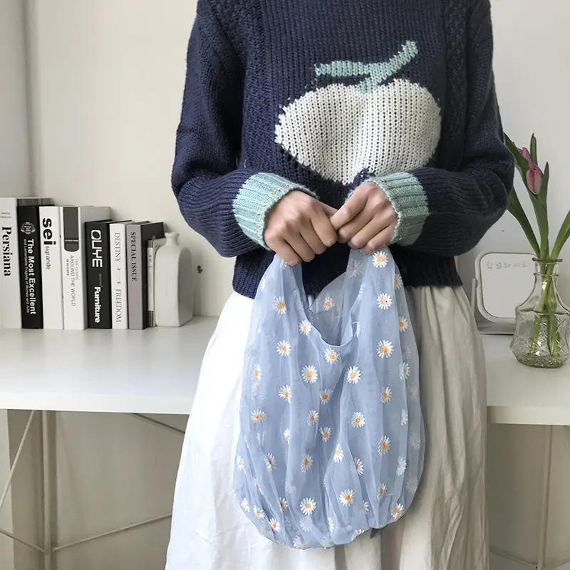 Women Small Transparent Tote Mesh Cloth Bags Daisy Embroidery Handbag Quality Eco Fruit Bag Little Decoration Purse For Girl