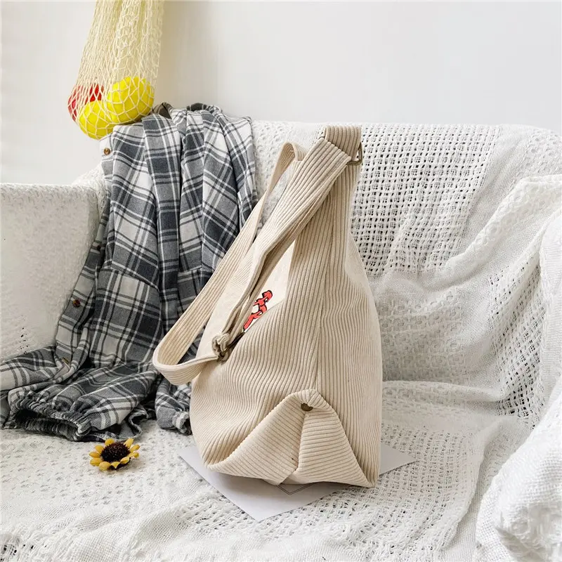 Women Striped Corduroy Bags Simple Canvas Zipper Crossbody & Shoulder Bag Eco Cloth Purse Solid Books Handbags For College Girls