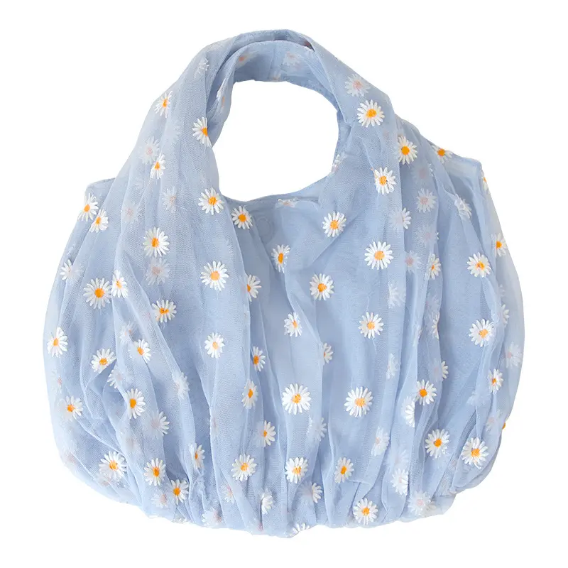 Women Small Transparent Tote Mesh Cloth Bags Daisy Embroidery Handbag Quality Eco Fruit Bag Little Decoration Purse For Girl