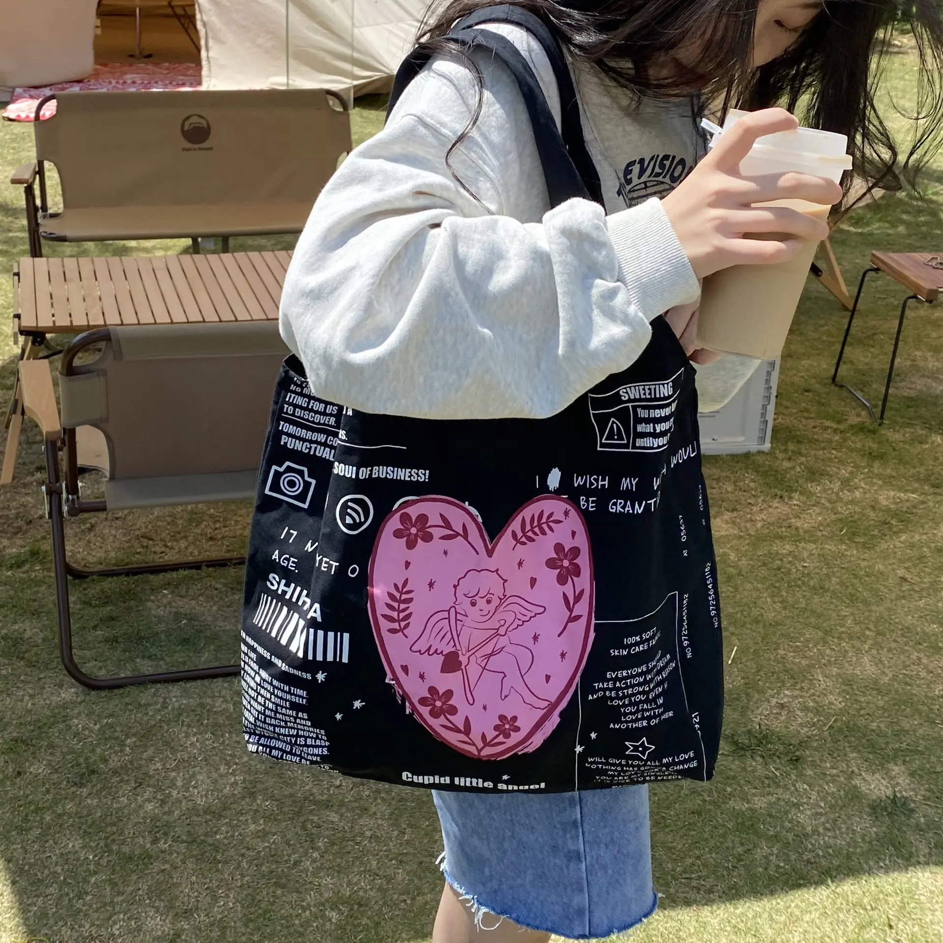 Cupid Women Canvas Shoulder Bags Girls Cotton Cloth Shopping Bag Eco Handbag Student Books Bag Ladies Big Grocery Shopper Tote