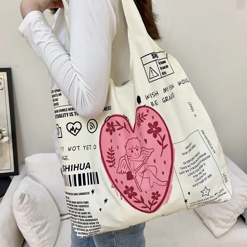 Cupid Women Canvas Shoulder Bags Girls Cotton Cloth Shopping Bag Eco Handbag Student Books Bag Ladies Big Grocery Shopper Tote