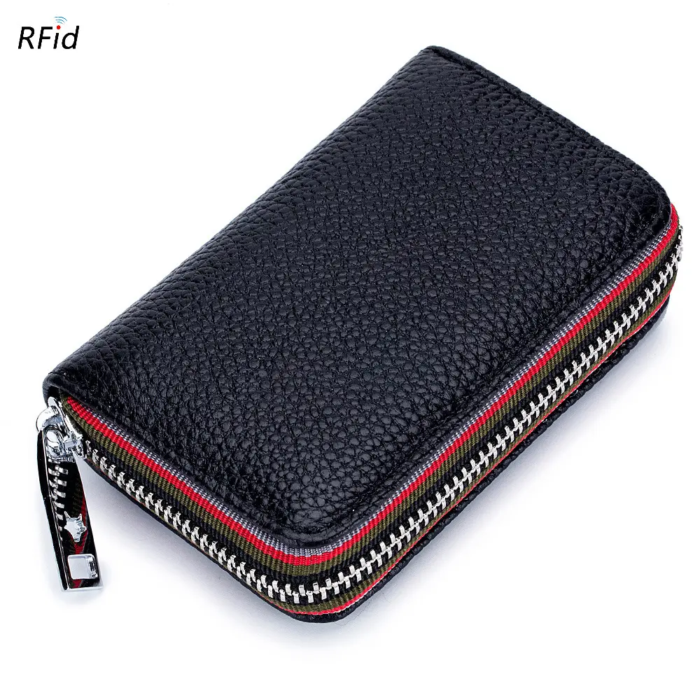 Genuine Leather Men Women Card Holder Small Zipper Wallet Solid Coin Purse Accordion Design rfid ID Business Credit Card Bags
