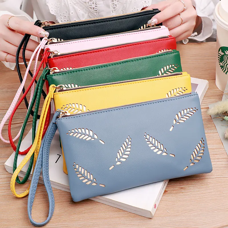 Women Casual Wallet Hollow Leaves Soft PU Leather Lady Zipper Phone Pocket Credit Card Holder Female Purse Coin Money Bag Clutch