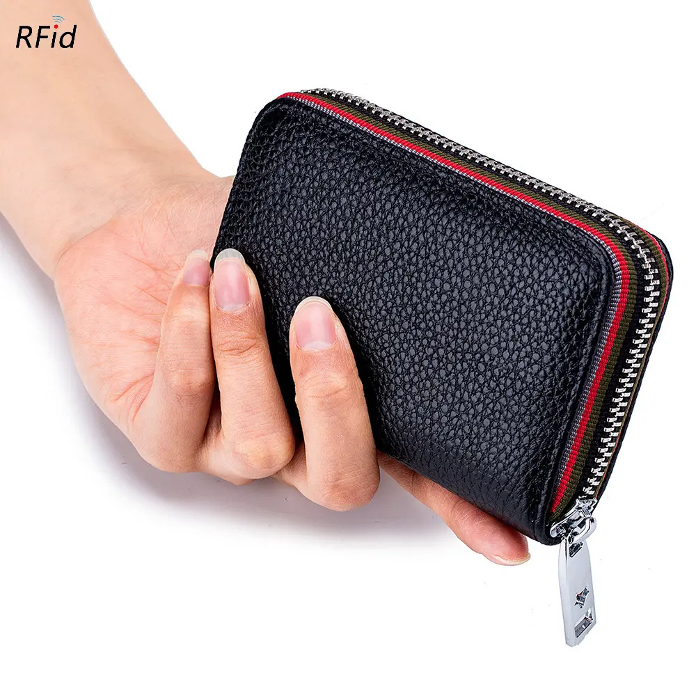 Genuine Leather Men Women Card Holder Small Zipper Wallet Solid Coin Purse Accordion Design rfid ID Business Credit Card Bags