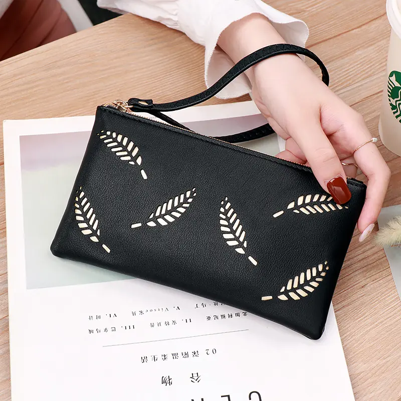Women Casual Wallet Hollow Leaves Soft PU Leather Lady Zipper Phone Pocket Credit Card Holder Female Purse Coin Money Bag Clutch