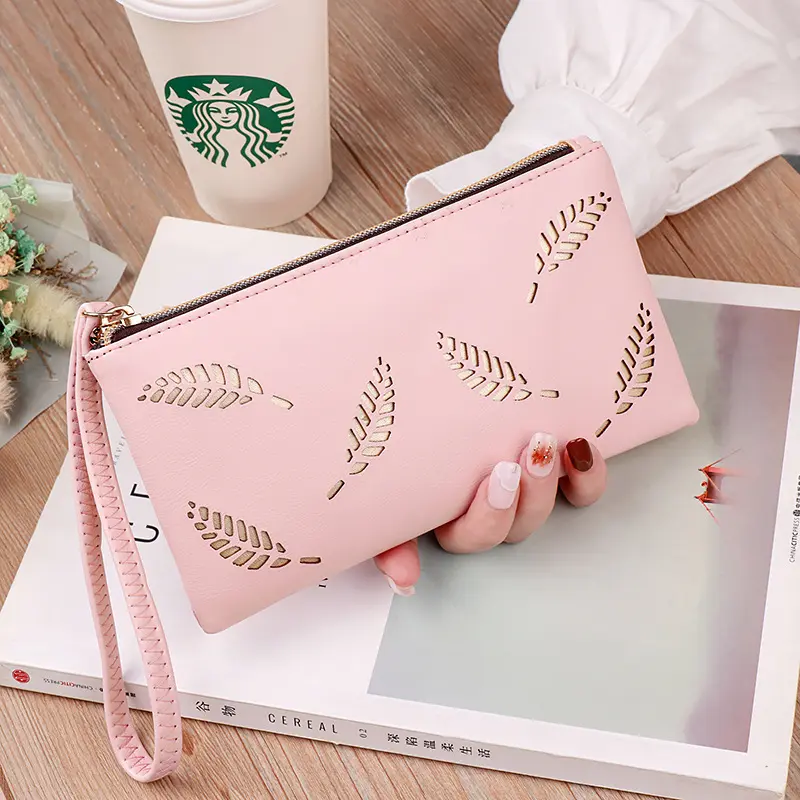 Women Casual Wallet Hollow Leaves Soft PU Leather Lady Zipper Phone Pocket Credit Card Holder Female Purse Coin Money Bag Clutch
