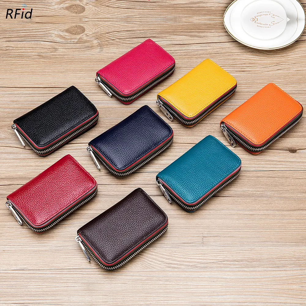 Genuine Leather Men Women Card Holder Small Zipper Wallet Solid Coin Purse Accordion Design rfid ID Business Credit Card Bags