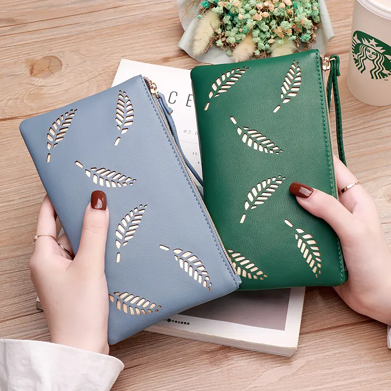 Women Casual Wallet Hollow Leaves Soft PU Leather Lady Zipper Phone Pocket Credit Card Holder Female Purse Coin Money Bag Clutch