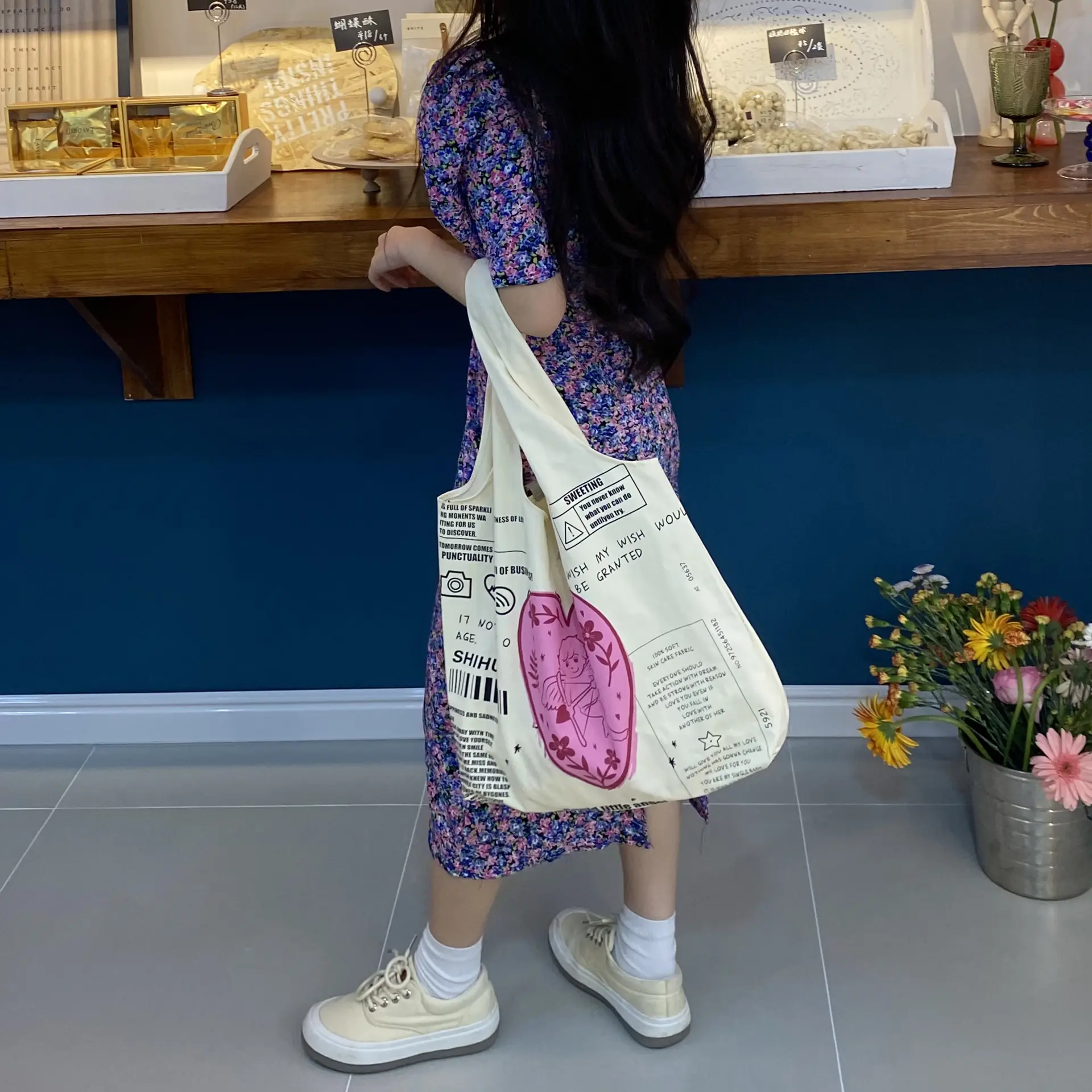Cupid Women Canvas Shoulder Bags Girls Cotton Cloth Shopping Bag Eco Handbag Student Books Bag Ladies Big Grocery Shopper Tote