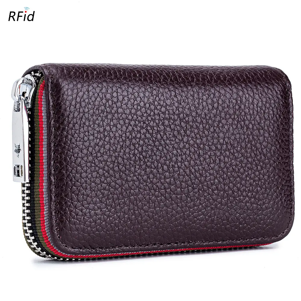 Genuine Leather Men Women Card Holder Small Zipper Wallet Solid Coin Purse Accordion Design rfid ID Business Credit Card Bags